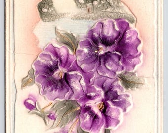 Antique Postcard, Birthday Greetings, Purple Violets, Heavily Embossed, 1910s, Printed in Germany