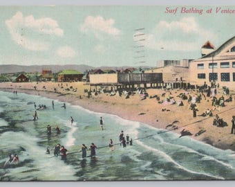 Antique Postcard, Surf Bathing at Venice California, Posted 1910