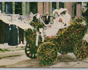 Antique Postcard, Women in antique car covered with flowers, Flower Festival, Los Angeles California, Posted 1912