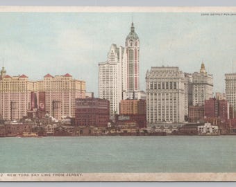 Antique Postcard, New York Sky Line from Jersey, New York City NY, 1910s Phostint Postcard, Unposted