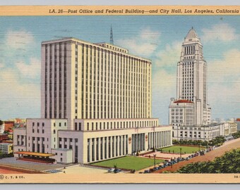 Antique Postcard, Post Office, Federal Building, City Hall, Los Angeles California, Posted 1944