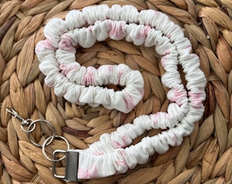 Pink Bow Fabric Lanyard | Stretchy White Scrunchie Style