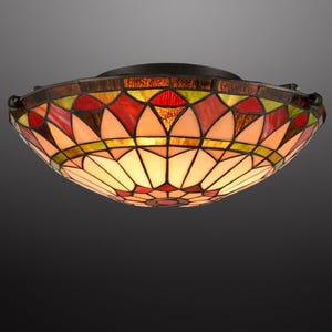 May include: A stained glass ceiling light fixture with a floral design. The fixture features a variety of colors, including red, orange, yellow, and green. The light is a flush mount style.