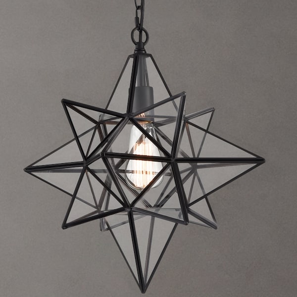 Madeira Black Moravian Star Pendant w/ Clear Glass Shade 16-Inches