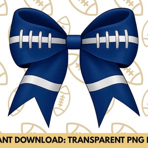 May include: A large, navy blue bow with white stripes and football-like stitching details. The bow is set against a white background with a pattern of light brown footballs. This decorative bow is perfect for sports-themed crafts.