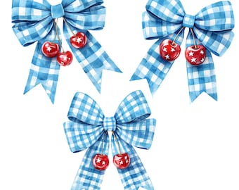 Patriotic Watercolor Plaid Bows with Cherries & Stars - Digital PNG