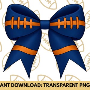 Football Bow PNG Blue Orange School Spirit Sublimation Instant Download Team Colors PNG, Merch Design Clipart