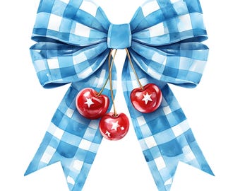 Patriotic Watercolor Plaid Bows with Cherries & Stars - Digital PNG