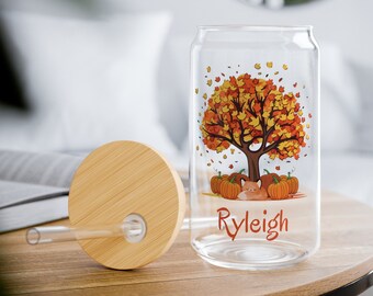Personalized Fall Leaves Sipper Glass: Autumn Iced Coffee Cup (16oz)