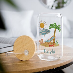 Beach Themed Personalized Sipper Glass, 16oz, Soda Can Glass with Lid, Beach Ice Coffee Glass, Summer Lover Gift, Summer Iced Coffee Cup