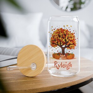 Personalized Fall Leaves Sipper Glass: Autumn Iced Coffee Cup (16oz)