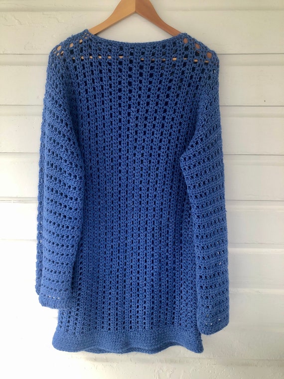 Vintage 1970s Hand Crochet Blue Sweater Dress Siz… - image 1