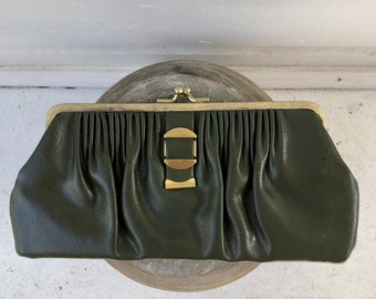 Vintage Mid Century Green Leather Clutch Purse