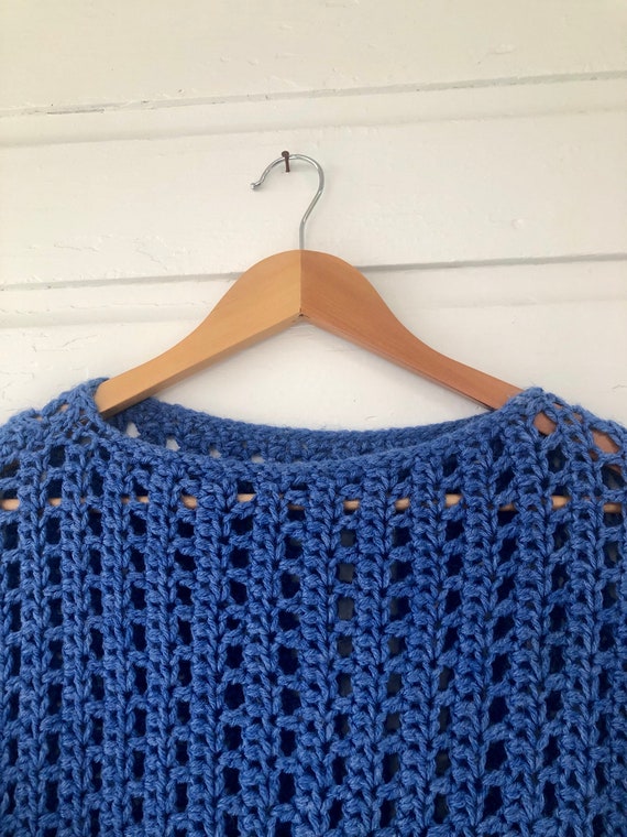 Vintage 1970s Hand Crochet Blue Sweater Dress Siz… - image 2