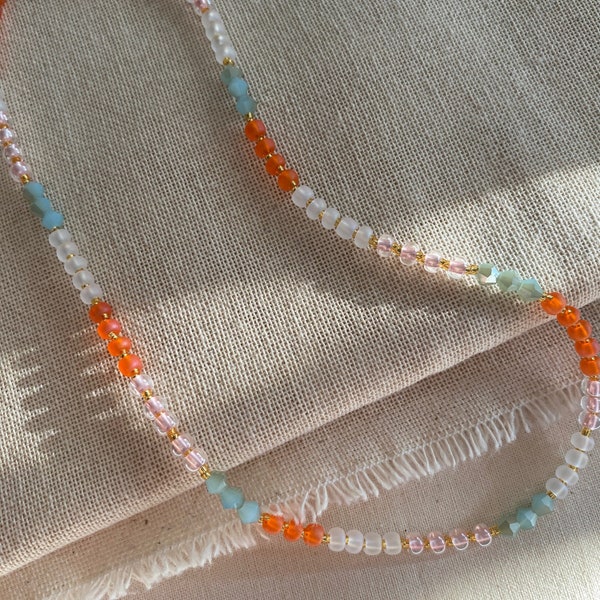 Summer Beaded Necklace, Dainty Beaded Chokers, Colourful Bead Necklace, Beach Necklace, Gifts for Her, Glass Seed Bead Necklaces