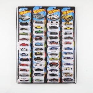 May include: A display of 48 Hot Wheels die-cast toy cars in various colors and styles. The cars are arranged in rows on a clear plastic backing with a blue and white background. The cars are all in their original packaging.