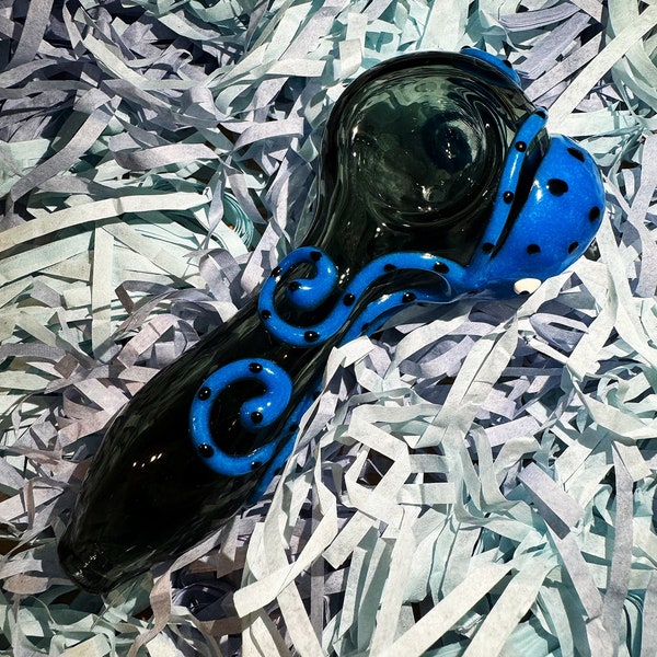 Glass pipe smoke pipe Unique fumed grey glass pipe handmade with blue octopus on top spoon with all legs to bottom