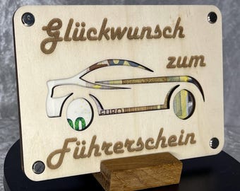 Cash gift "Congratulations on your driving license", original cash gift idea, wish fulfiller Christmas gift gift card made of wood