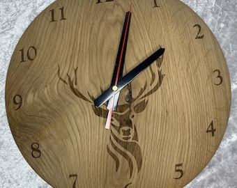 Wall Clock Wooden Wall Clock Oak Modern Wooden Clock Decoration, Wall Solid Art Oak Wood Wall Clock Minimalist Large Numbers Wall Clock Deer