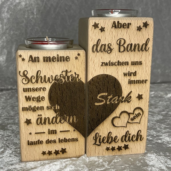 Laser gravierter Holzkerzenhalter Schwester Teelichthalter Hochzeitsgeschenk für Paar Benutzerdefinierte Holz Dekoration Teelicht