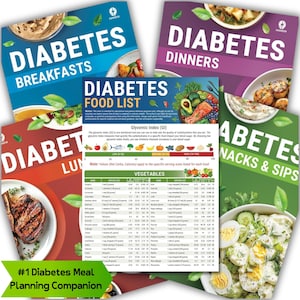 May include: A collection of colorful brochures with the titles "Diabetes Breakfasts", "Diabetes Dinners", "Diabetes Lunches", and "Diabetes Snacks & Sips". A central brochure displays a "Diabetes Food List" with a glycemic index chart and vegetable serving sizes. The phrase "#1 Diabetes Meal Planning Companion" is at the bottom.