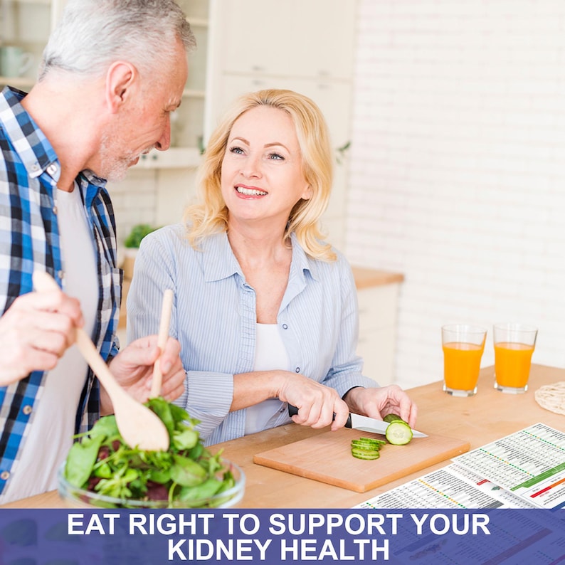 May include: A couple in a kitchen preparing a meal. The woman is chopping cucumbers on a chopping board, while the man is stirring a bowl of salad with a wooden spoon. The text "EAT RIGHT TO SUPPORT YOUR KIDNEY HEALTH" is visible at the bottom of the image.