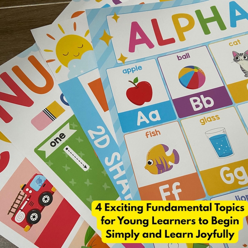 4pcs Educational Posters Set – Alphabet, Numbers, Colors & Shapes ...