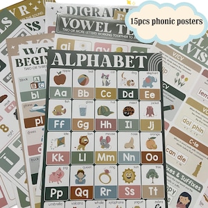 May include: A stack of educational posters for children. The posters feature the alphabet, phonics, and vocabulary words with colorful illustrations. The text "15pcs phonic posters" is visible. The posters are designed for early learning.
