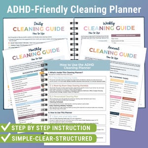 Pode incluir: Planejador de limpeza para TDAH com guias di&aacute;rios, semanais, mensais e anuais. O planejador inclui listas de verifica&ccedil;&atilde;o, um plano personalizado e instru&ccedil;&otilde;es passo a passo. A capa apresenta o texto "ADHD-Friendly Cleaning Planner".