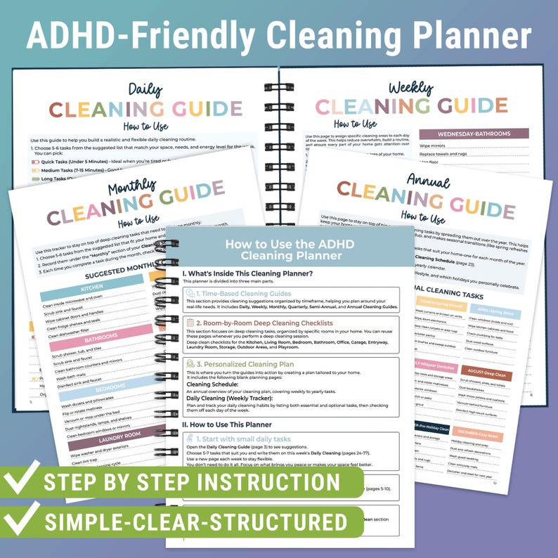 Pode incluir: Planejador de limpeza para TDAH com guias di&aacute;rios, semanais, mensais e anuais. O planejador inclui listas de verifica&ccedil;&atilde;o, um plano personalizado e instru&ccedil;&otilde;es passo a passo. A capa apresenta o texto "ADHD-Friendly Cleaning Planner".