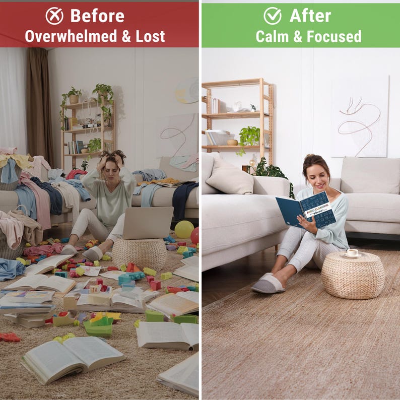 Pode incluir: Uma imagem dividida mostra um quarto bagun&ccedil;ado rotulado como "Antes: Oprimido e Perdido" e um quarto arrumado rotulado como "Depois: Calmo e Focado". O lado "Antes" mostra um espa&ccedil;o bagun&ccedil;ado com roupas, brinquedos e livros. O lado "Depois" mostra uma mulher lendo um livro em um quarto limpo.
