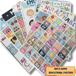 May include: A collection of 16 educational posters with a boho theme. The posters feature colorful illustrations of the alphabet, numbers, seasons, and emotions. Each poster is designed with a variety of images and text to help children learn.