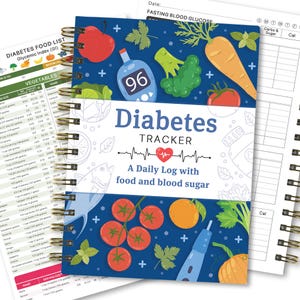 May include: A spiral-bound diabetes tracker notebook with a blue cover featuring illustrations of fruits and vegetables. The cover text reads "Diabetes Tracker: A Daily Log with food and blood sugar." Additional pages show food lists and space for tracking.