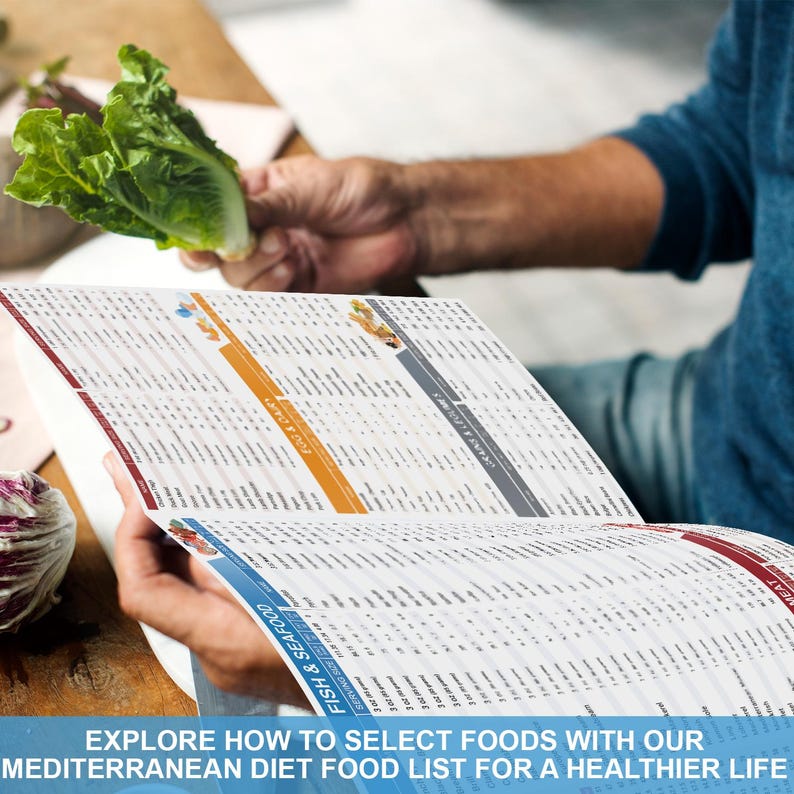 Pode incluir: Uma pessoa est&aacute; olhando para uma lista de alimentos impressa intitulada "Lista de alimentos da dieta mediterr&acirc;nea para uma vida mais saud&aacute;vel". A lista inclui uma se&ccedil;&atilde;o para "Peixe e frutos do mar" e tem colunas para o tamanho da por&ccedil;&atilde;o, as calorias, as prote&iacute;nas, as gorduras, os carboidratos e a fibra.