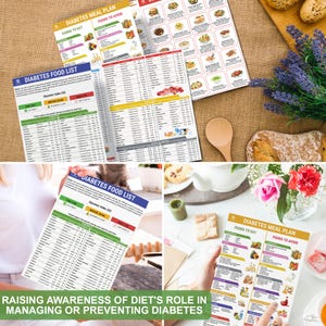 Puede incluir: Tres tablas imprimibles con informaci&oacute;n sobre el manejo de la diabetes. Las tablas se titulan "Plan de comidas para diab&eacute;ticos", "Lista de alimentos para diab&eacute;ticos" y "Lista de alimentos para diab&eacute;ticos". Las tablas enumeran los alimentos que deben comer y los alimentos que deben evitar las personas con diabetes.