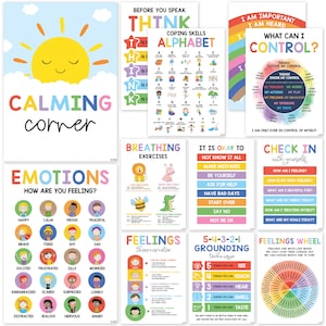 Calming Corner Classroom Posters, Set 12  Calm Down Corner Supplies For Therapy Office Decor, Mental Health Wall Decorations For Preschool
