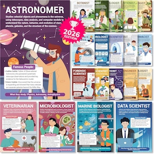 May include: A collection of educational posters featuring various career paths like Astronomer, Veterinarian, and Data Scientist. Each poster includes illustrations, descriptions of the profession, famous people in the field, and a 2026 Edition trophy icon.