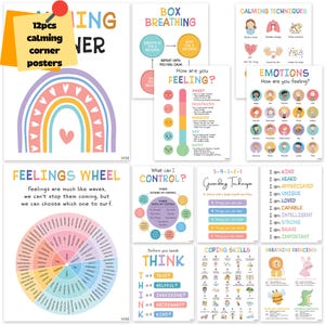 12pcs Calming Corner Posters – Feelings & Emotions Charts for Kids Classroom and Home