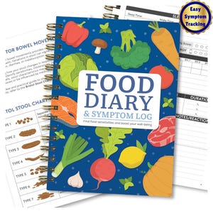 May include: A spiral-bound food diary and symptom log with a blue cover featuring illustrations of vegetables, fruits, and protein sources. The title "FOOD DIARY & SYMPTOM LOG" is prominently displayed. Includes a stool chart and symptom tracking information.