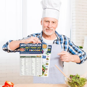 Pode incluir: Um homem usando um chap&eacute;u de cozinheiro segura uma lista de alimentos da dieta mediterr&acirc;nea imprim&iacute;vel. A lista inclui uma variedade de vegetais, frutas, gr&atilde;os e prote&iacute;nas. A lista &eacute; impressa em um fundo branco com detalhes azuis e vermelhos.