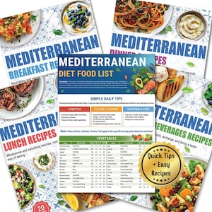 May include: A collection of Mediterranean diet recipe guides and a diet food list. The guides feature colorful images of various dishes, including breakfast, lunch, dinner, and beverages. The central guide is a diet food list with vegetable serving sizes.