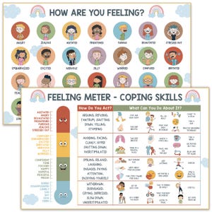 May include: A colorful chart with illustrations of children's faces expressing different emotions. The chart is titled "How Are You Feeling?" and includes words like "angry", "jealous", "agitated", "frightened", "furious", "devastated", "stressed out", "embarrassed", "excited", "nervous", "silly", "worried", "confused", and "irritated". Below the chart is a "Feeling Meter - Coping Skills" chart with a thermometer-like scale showing different emotional states and corresponding coping skills.