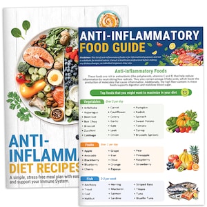 May include: A colorful guide to anti-inflammatory foods, featuring a graphic of a plate of healthy foods. The guide lists vegetables, fruits, and fish that are recommended to reduce inflammation. The text includes the disclaimer: "This list of anti-inflammatory foods is for informational purposes and not a substitute for medical advice. Consult a healthcare professional before making any dietary changes, as individual responses may vary."