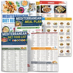 Pode incluir: Um gr&aacute;fico colorido com um plano de refei&ccedil;&otilde;es mediterr&acirc;neo, uma lista de alimentos e receitas. O gr&aacute;fico inclui um guia alimentar com informa&ccedil;&otilde;es nutricionais sobre frutas, vegetais, ovos, latic&iacute;nios, gr&atilde;os e leguminosas. O gr&aacute;fico tamb&eacute;m inclui receitas para o jantar e o almo&ccedil;o mediterr&acirc;neos.
