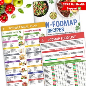 May include: A collection of educational charts and recipes for IBS and gut health support. The charts list allowable and foods to avoid, along with a FODMAP food list. Fresh vegetables and fruits are arranged around the charts.