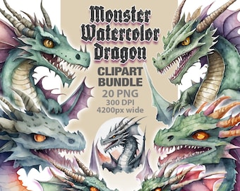 PAQUETE Monster Watercolor Dragon Clipart, Fantasy Dragons png, Magical Fairytale, Scrapbook, Junk Journal, Paper Crafts Scrapbooking
