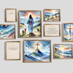 Christian Watercolor Gallery Set of Nine / DIGITAL DOWNLOAD / Genesis 1 1 / Psalms 23 Scripture / John 3 16 Wall Art / Bible Verse PRINTABLE