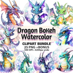 Dragon Bokeh Watercolor Bundle, Dragon Clipart, Fantasy Clipart, PNG Dragon, Magical, Digital Download, Fantasy Dragon, Commercial Use