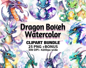 Dragon Bokeh Watercolor Bundle, Dragon Clipart, Fantasy Clipart, PNG Dragon, Magical, Digital Download, Fantasy Dragon, Commercial Use