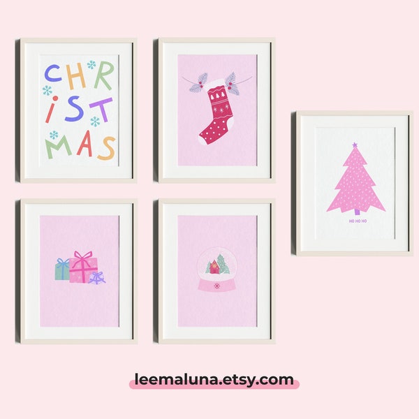 Cute pink Сhristmas wall prints, Set of 5 prints, Christmas printable, Christmas gifts, Xmas wall art, Holiday wall decor, Christmas decor